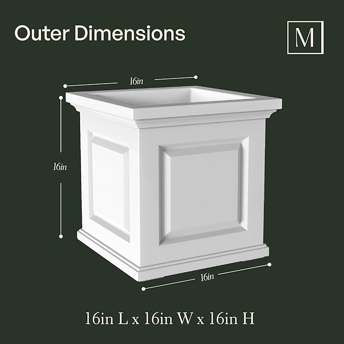 Mayne Nantucket 16-Inch Square Planter, 2-Pack – Self-Watering, Weather-Resistant Planter for Flowers – Durable Outdoor Design for Patio, Porch, or Entryway
