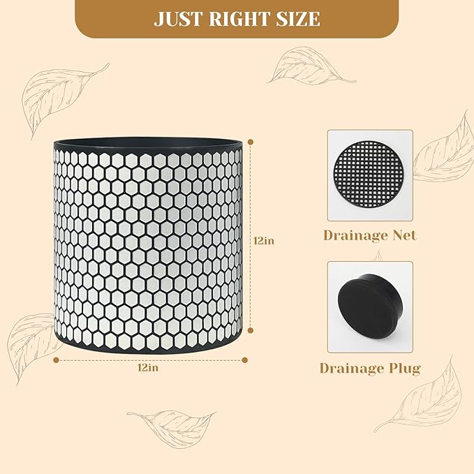 12 Inch Flower Pot Without Bracket with Drainage Holes Suitable for Indoor and Outdoor Decorative Planting (Black White Hexagon, 12 Inches)
