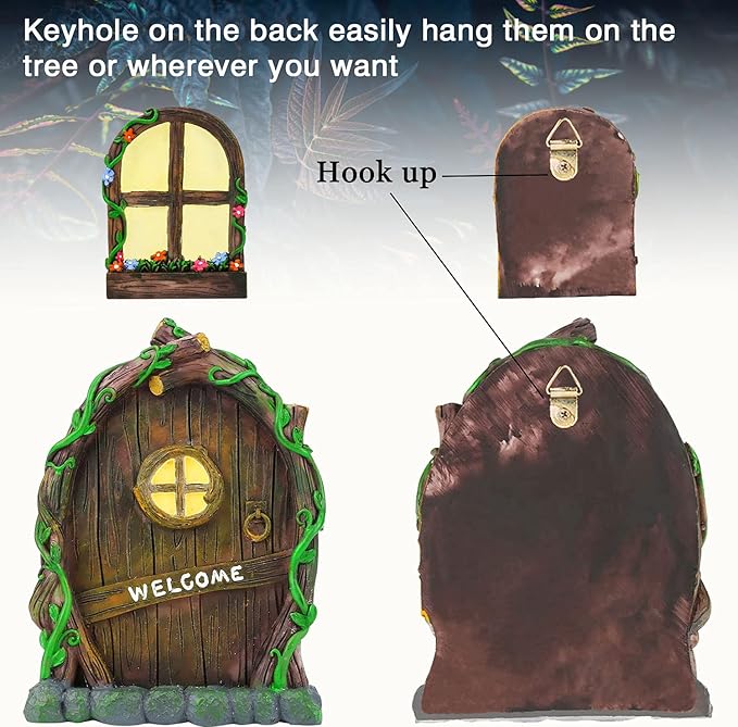 Resin Fairy Door & Window Set with Glow in The Dark Windows, Miniature Sculpture for Trees, Outdoor Decor Accessories