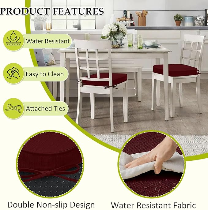 Chair Cushions for Dining Chairs, Indoor Chair Cushions with Ties，Waterproof Chair Pads Set of 4, Burgundy, 17x16x2.5 Inch