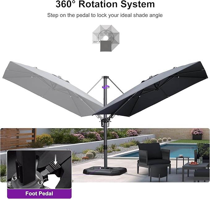 PURPLE LEAF 9' X 12' Right-left Tilt Patio Umbrella with Base Outdoor Cantilever Swivel Rectangle Umbrella Aluminum Offset Umbrella with 360-degree Rotation for Garden Deck Pool Patio Grey