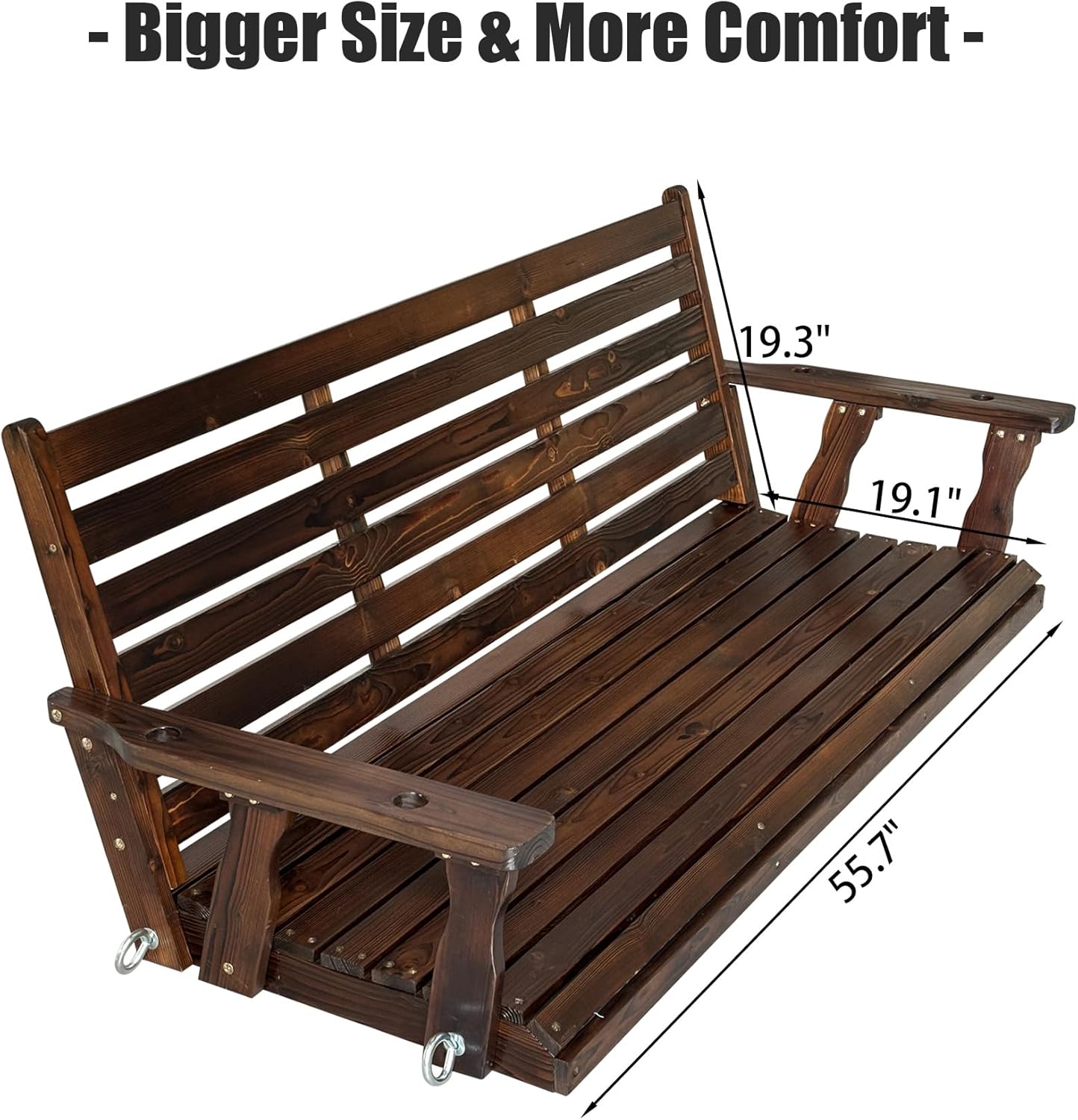 Wooden Porch Swing, Ergonomic Seat, Bench Swing with Hanging Chains and 7mm Springs, Heavy Duty 880 LBS, for Outdoor Patio Garden Yard (Deep Brown, 3-Seater Extra Large)