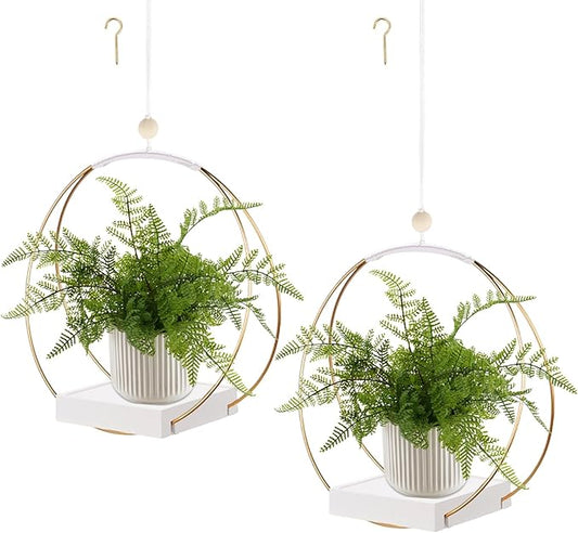 2 Pack Hanging Planter Holder for Indoor Plants, Plant Hanger with Sturdy Wood Base,Modern Boho Macrame Wall Ceiling Window Stands(Plants/Pots Not Included)