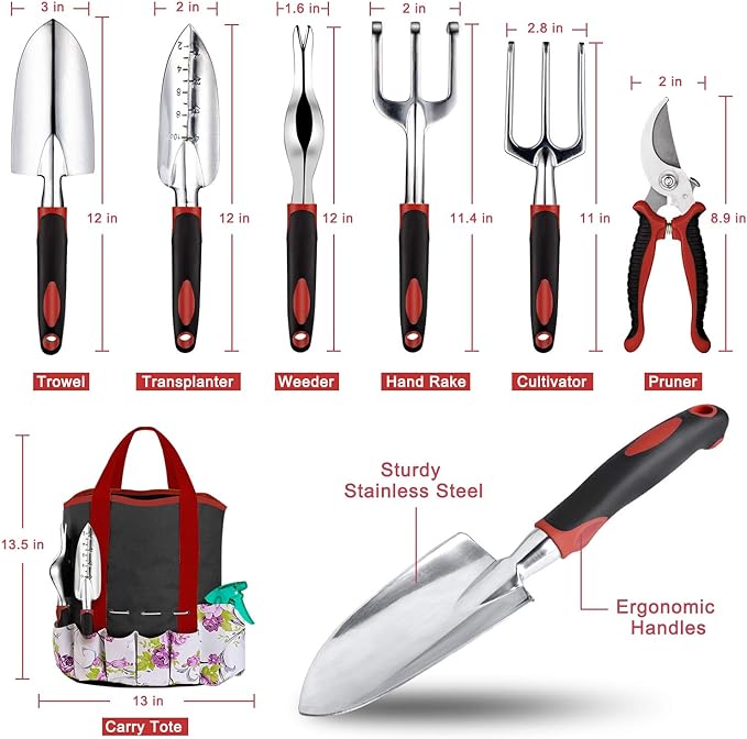 Garden Tools Set 83 Piece Succulent Tools Set Included, Heavy Duty Aluminum Gardening Tools for Gardening, Ergonomic Handle Tools, Storage Tote Bag, Gifts Tools for Men Women (Red)