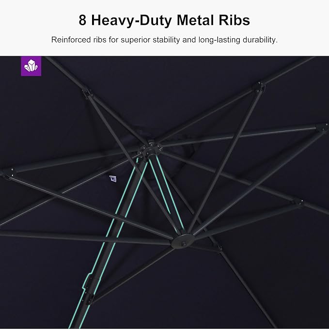 PURPLE LEAF 10' × 10' Patio Cantilever Umbrella with Base Outdoor Square Adjustable Offset Umbrellas with 360-degree Rotation and 8 Heavy Duty Metal Ribs for Garden Deck Pool Navy Blue