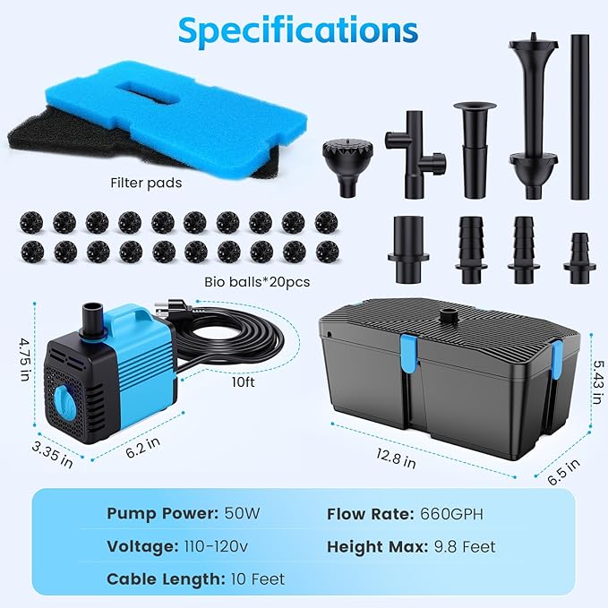 Pond Filter with Fountain Pump Kits, 660GPH Pond Pump and Filter Kit with 50W Submersible Water Pump, Pond Filters for Outdoor Ponds Clean Koi Pond Filter