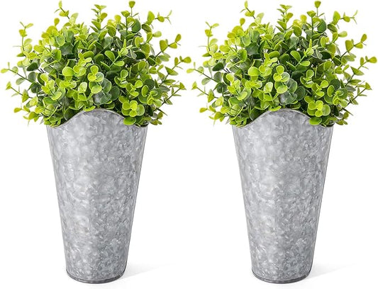 Dahey 2 Pack Galvanized Metal Wall Planter with Artificial Eucalyptus Farmhouse Decor Hanging Wall Vase Planters Flowers Holder for Country Rustic Home Wall Decor,Silver