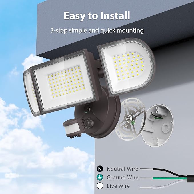 iMaihom 100W Motion Sensor LED Security Light, 9000LM Super Bright Flood Lights Outdoor, 6500K Exterior Floodlight, IP65 Waterproof, 3 Head Adjustable Motion Detector Light for Yard Garage (Brown)