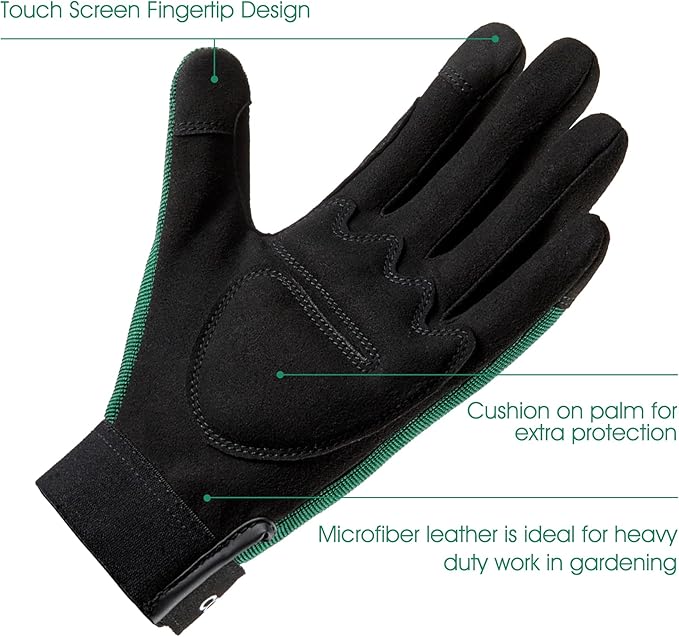 COOLJOB Thorn Proof Garden Gloves with Touchscreen Fingers for Men, Rose Pruning Work Gloves with Palm Cushion for Gardener, Farmer and Landscaper (Green 1 Pair Medium)