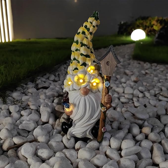 Solar Gnome Statue with Flower Hat - Solar Resin Garden Outdoor Statue Sculpture,Whimsical Gnome Figurine for Woman Gift Home and Garden Decor