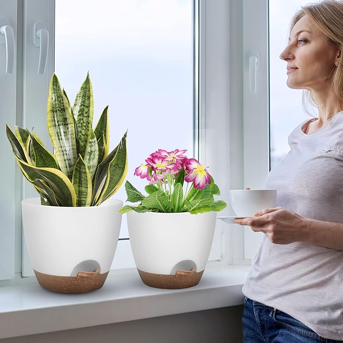 Plant Pots 12/10/9 Inch Self Watering Pots, Set of 3 Plastic Planters with Drainage Holes and Saucers,Plastic Flower Pots,Nursery Planting Pot for Indoor Out Door Plants(White)