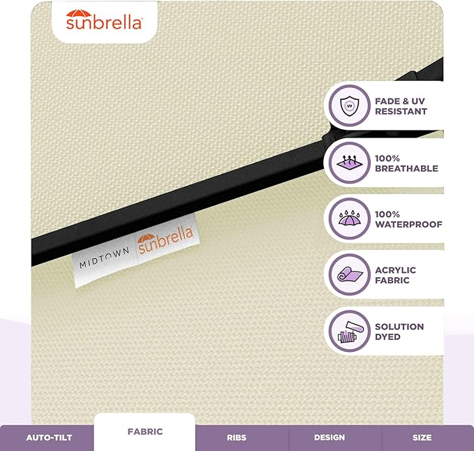 Midtown Umbrellas The Lean 8 Feet Outdoor Umbrella With Sunbrella Canvas Natural Acrylic Fabric - 8 Ribs Aluminum Frame Patio Umbrella With Zinc Alloy Crank Lift And Auto-Tilt System