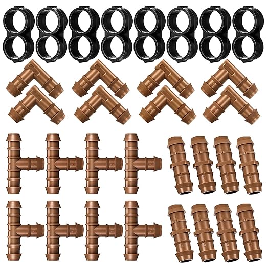 Irrigation Fittings Kit for 1/2 Inch Tubing Include 8 Tees, 8 Couplings, 8 Elbows and 8 End Cap Plugs Drip Irrigation Barbed Connectors, Drip Line Connectors Set