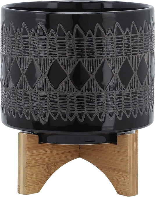 Sagebrook Home Black and Gray Aztec Design Ceramic Planter with Solid Rubberwood Stand for Tabletop Display in Living Room, Bedroom, or Office