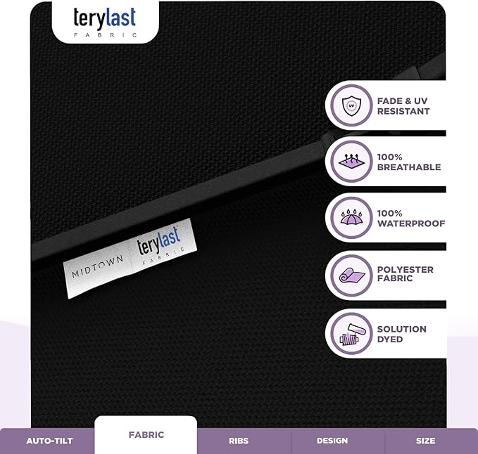 Midtown Umbrellas 10-Year-No-Fade - 9 Ft - UV Proof Ebony Black Polyester Fabric - Umbrella Outdoor Patio, Auto-Tilt Aluminum Frame Patio Umbrella for Garden, Pool & Deck - Black Pole