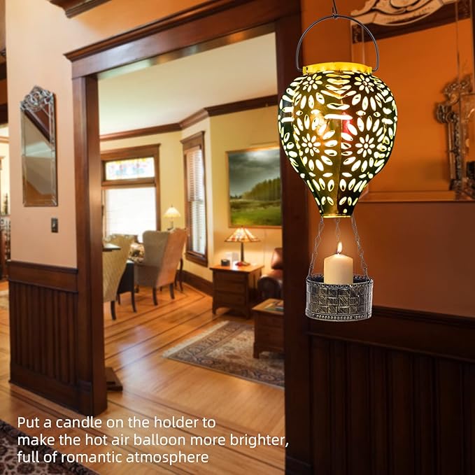 Solar Hot Air Balloon Lantern, Hanging Lanterns Outdoor Waterproof Decorative Metal LED Lantern Solar Lights for Trees Patio Garden Yard Porch Decor, Multi-Color