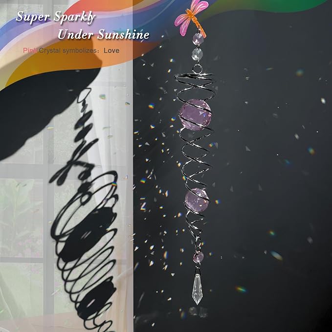 FONMY Dragonfly Gazing Ball Spiral Wind Spinner Sun Catcher Rainbow Maker Silver Spiral W/Pink K9 Crystal Ball Tree Hanging Ornament Indoor Outdoor Garden Decor. 19.5inch H