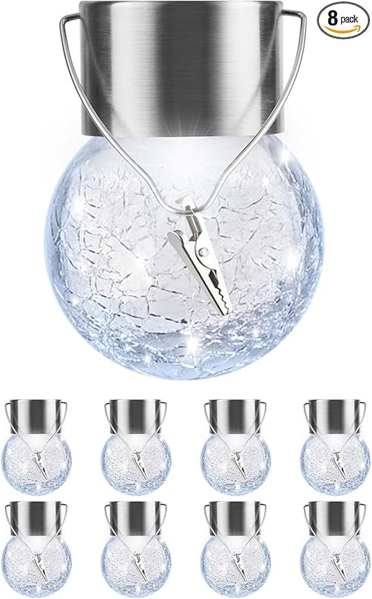 Solar Lights Outdoor Hanging Decorative Globe 8 Pack, Waterproof Solar Lantern with Handle and Clip, Solar Powered Glass Ball Lights for Garden Yard Fence Tree Umbrella Holiday Décor, Cold White