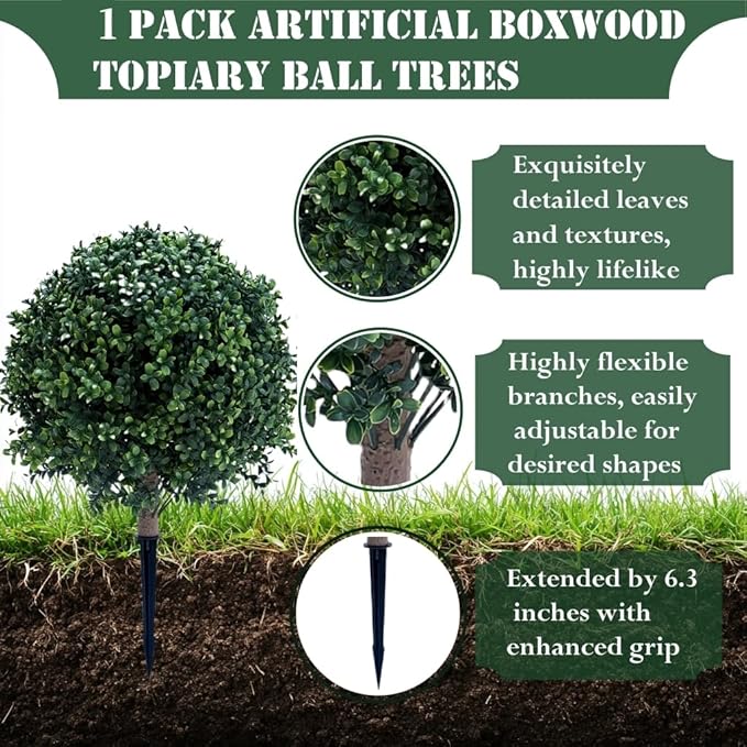 23.6 Inches Set of 2 Artificial Boxwood Topiary Ball Tree with Ground Spike, Faux Bushes UV Resistant Faux Greenery Shrubs, Fake Boxwood Plants for Indoor, Front Porch Decor, Garden, Yard