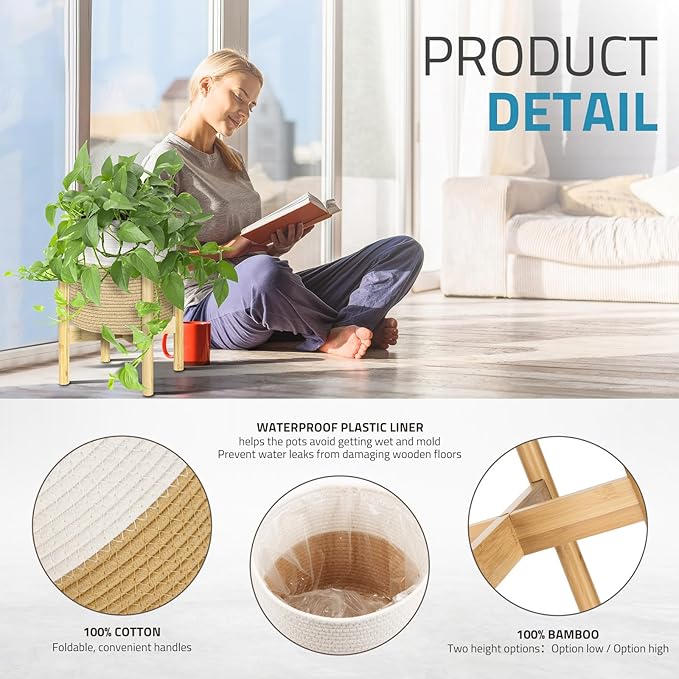PAULINN Plant Basket with Stand 11" x 11", Woven Basket with Bamboo Plant Stand, for Indoor Plant, Fits Up to 10 Inch Plant Pots, White and Beige