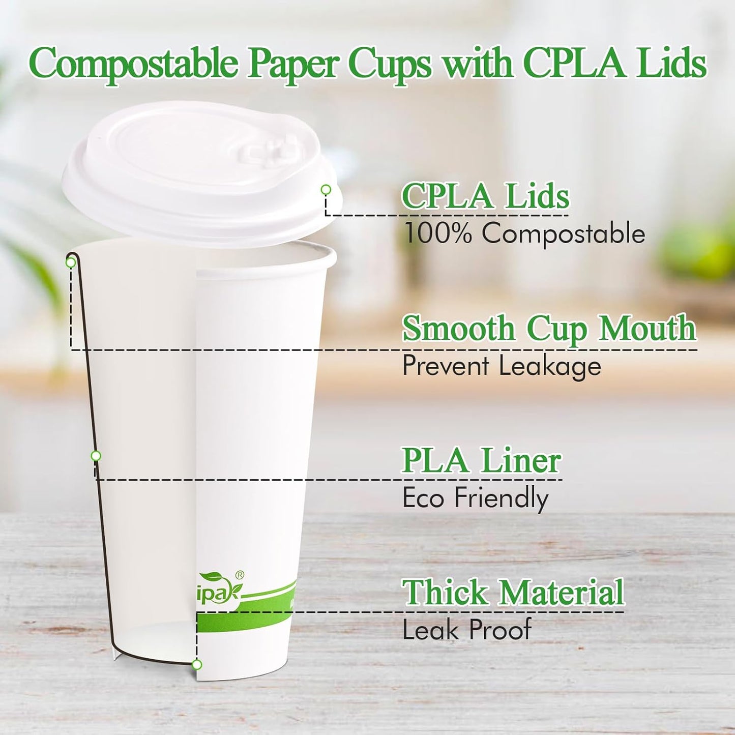 ECOLipak 100 Count 16 oz Compostable Paper Coffee Cups, Biodegradable Disposable Coffee Cups with CPLA Lid, Eco-friendly Hot Drinking Cups for Parties, Picnics, Travels,and Events