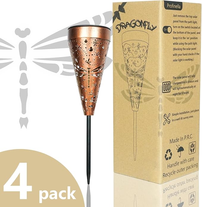 4-Pack Dragonfly Outdoor Decor Solar Pathway Lights, Metal Landscape Lighting for Outside Use: Patio, Yard, Lawn, Backyard, Walkway, Driveway – Gifts for Women, Mother, Grandmother