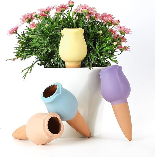 WILDKEN Terracotta Watering Spikes, 4 Pack Tulip Shaped Plant Watering Globes Vacation Self-Watering Planters Devices for Indoor and Outdoor Plants
