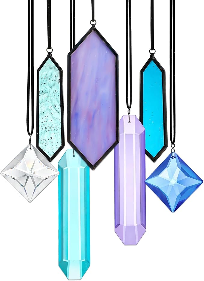HDCRYSTALGIFTS Set 7 Crystal Blue Dreams Sun Catchers Window Hanging Ornaments Stained Glass Suncatchers Kit for Window Indoor Home Garden Decor
