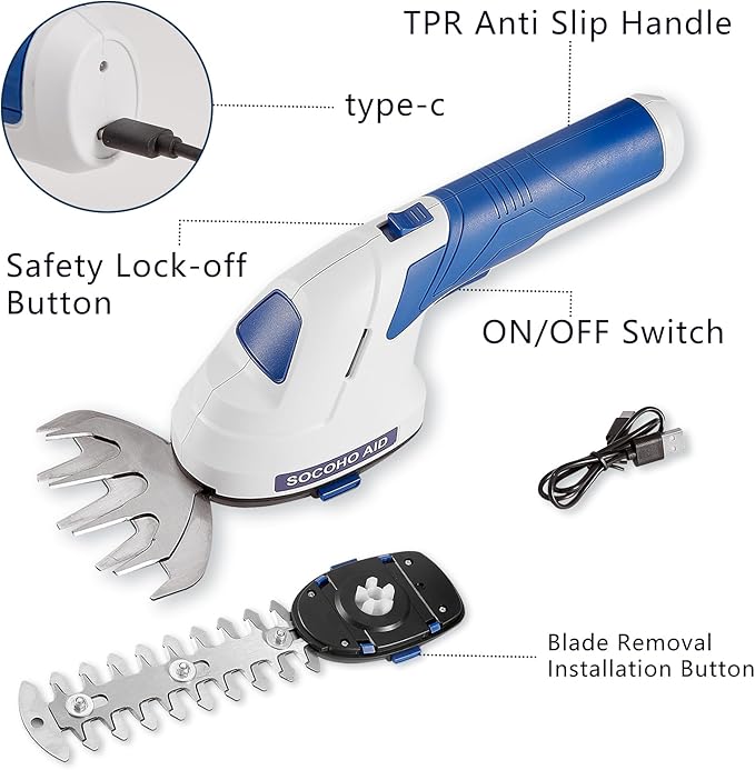 Cordless Hedge Trimmer Grass Shear - 2 in 1 Handheld 7.2V Electric Shrubbery Trimmer Grass Cutter Rechargeable Battery and Type-C