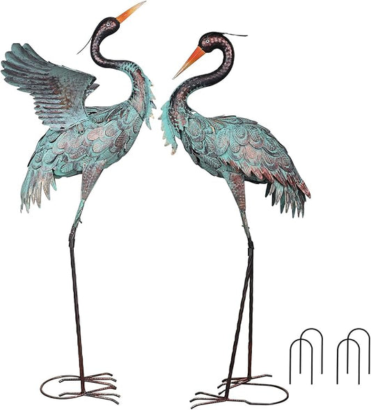 YEAHOME Garden Decor Outdoor Statues, 38"/36" Large Metal Heron Standing Yard Art, Blue Crane Lawn Sculptures Garden Decor for Outside Patio Porch Backyard, Set of 2