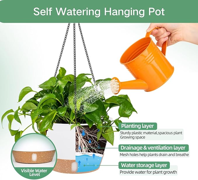 QCQHDU 2 Pack 8 inch Hanging Planters for Indoor Plants, Outdoor Hanging Baskets, Self Watering Pots with Drainage Holes & Removable Tray (White, 8 inch)