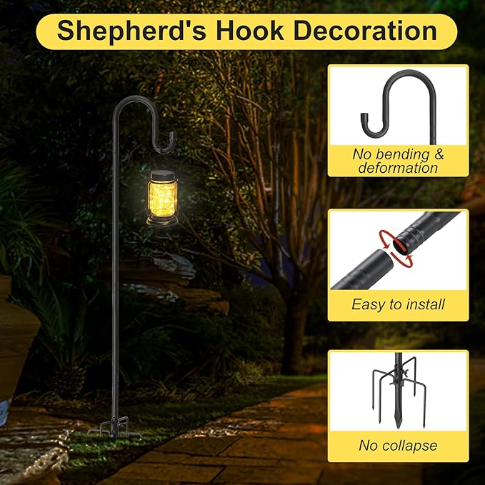 Decorative Shepherd Hooks for Garden, 94 Inch Weather-Resistant Steel – 5 Fork Base Design for Hanging Flower Baskets, Wind Chimes, String Lights – Elegant Scroll Top – Black