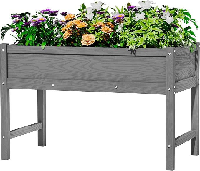 HDPE Raised Garden Bed with Legs, Outdoor Weather-Resistant Elevated Planter Box Stand for Seeds, Herbs, Flowers, Vegetables (Grey)