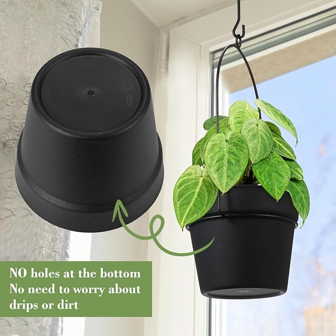 Hushee 6 Packs Metal Hanging Planters for Outdoor Indoor Plants Plant Hanger with 6.3'' Plastic Pots Hanging Planter Basket for Garden Home Porch Decor