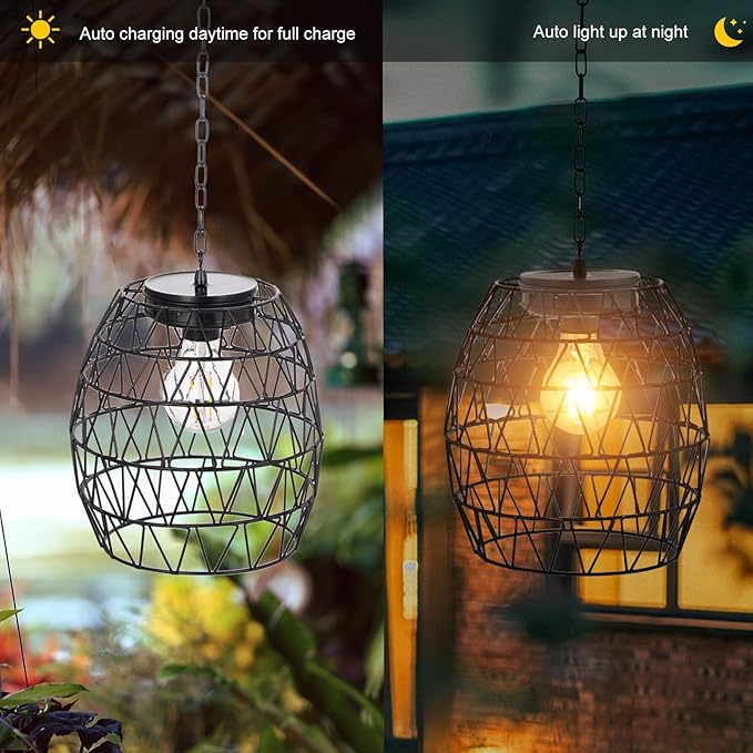 Hanging Solar Lantern Outdoor Waterproof, Metal Lantern Bright Solar Outdoor Lights with Edison Bulb for Garden Patio Yard Decoration