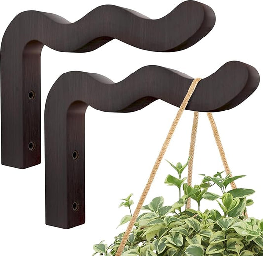 FGSAEOR Wavy Plant Hanger Hooks for Indoor/Outdoor Hanging Plants, 2 Pack Rustic Farmhouse Wall Mount Wooden Hanging Basket, Lanterns, Bird Feeders - Decorative Bracket for Patio, Balcony,Walnut Color