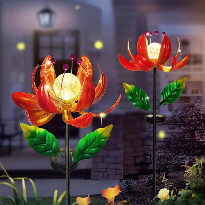 Solar Lights Outdoor Wind Spinners, Metal Lotus Flower Garden Decor with Waterproof LED Crackle Glass Globe for Patio Lawn Yard Outdoor Decor