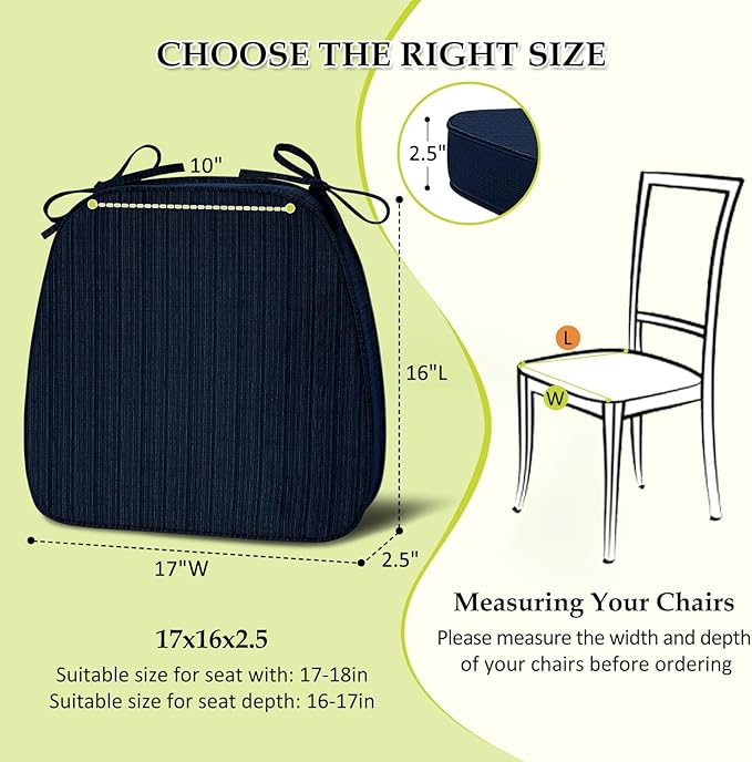 Chair Cushions for Dining Chairs, Indoor Chair Cushions with Ties，Waterproof Chair Pads Set of 4, Navy Blue, 17x16x2.5 Inch