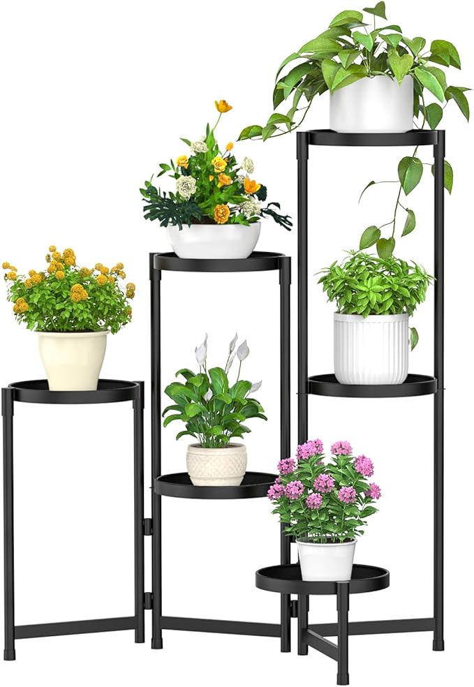 MOKANI Metal Plant Stand Indoor Outdoor for Multiple Plants, 6 Tiered Folding Corner Shelf Tall Flower Pot Holder Display Rack for Patio Living Room Balcony Garden, Black