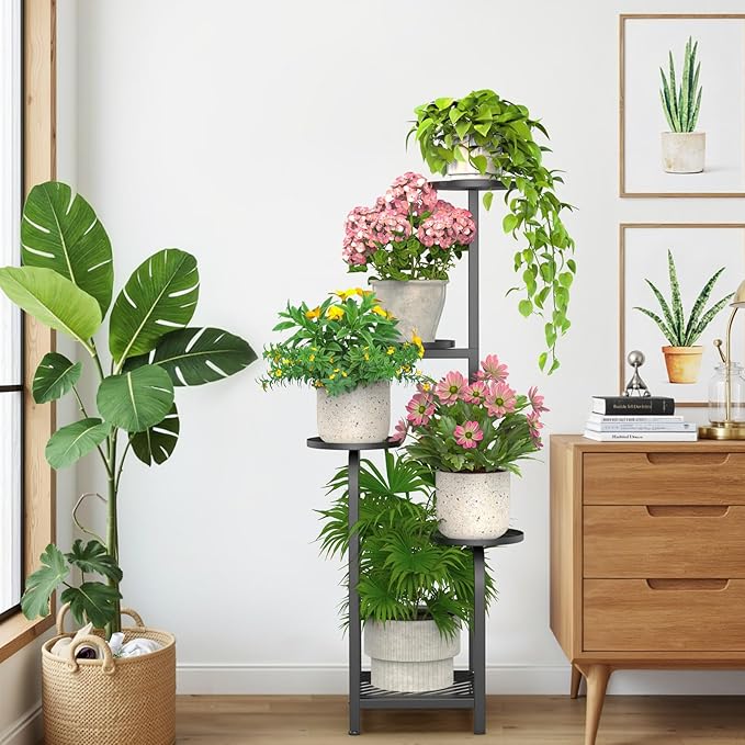 TOSKING 5 Tier Tall Plant Stand Indoor Outdoor, Heavy Duty Corner Shelf for Plants & Decor, Space Saving 3.9FT Metal Flower Pot Stand for Balcony, Garden, Living Room, Patio (Black, 47in)