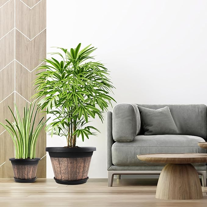 Quarut Large Plastic Plant Pots Set of 4 Pack13 inch,Whiskey Barrel Planters with Drainage Holes & Saucer.Flower Pots Imitation Wine Barrel Design for Indoor & Outdoor Garden Balcony Plants (Brown)