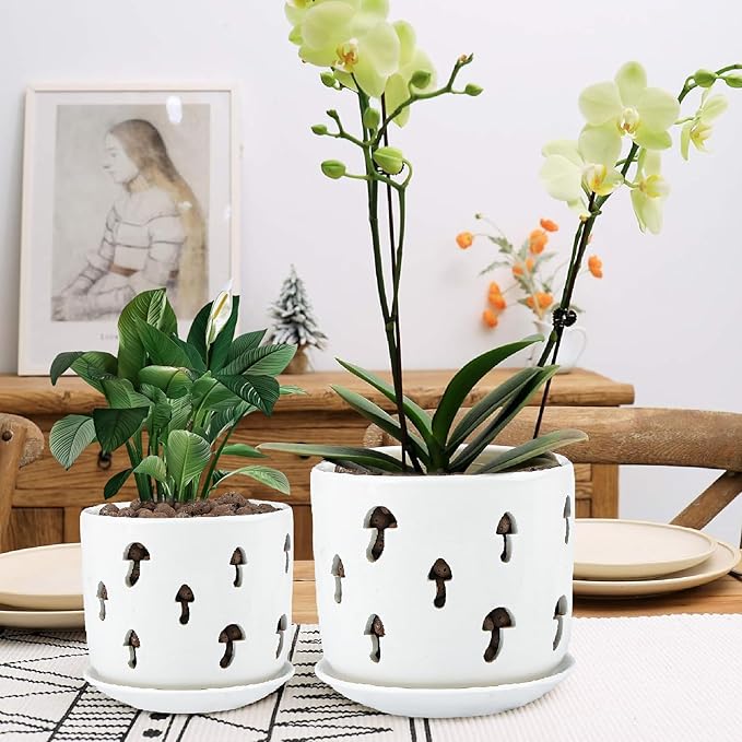 KERUITA Orchid Pots with Holes,5 inch + 6 inch Ceramic Planters Set of 2 with 2 Tray,White Flower Pot with Dancing Mushroom Shaped Vent, Enhanced Drainage and Ventilation
