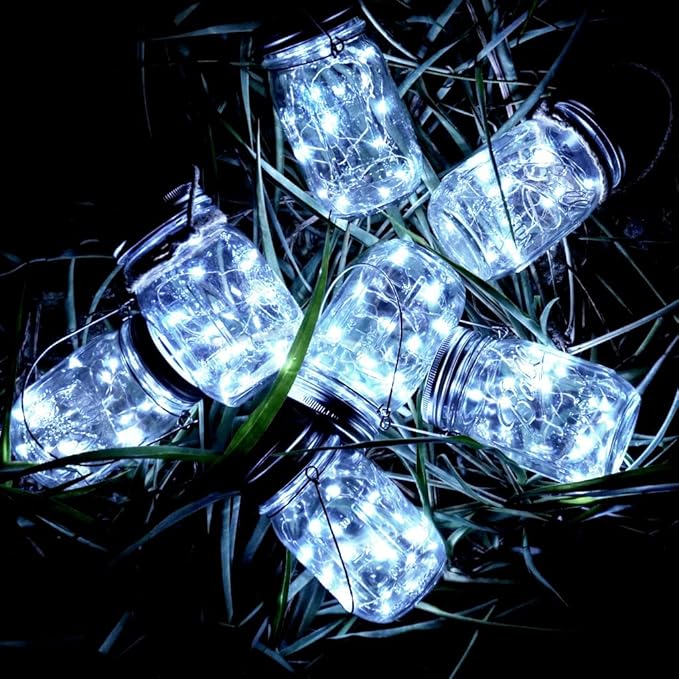 SmilingTown Solar Mason Jar String Light Lids 12 Pack 30 LED Fairy Firefly Inserts Lighting with 12 Hangers Waterproof for Outdoor Tree Patio Lawn Garden Decor, No Jars (Cool White)