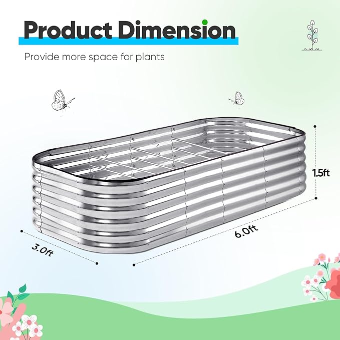 Quictent Raised Garden Bed Kit Oval Galvanized Metal Planter Box Tall for Vegetables Outdoor Backyard, Rubber Strip Edging Included, Silver 6x3x1.5 ft