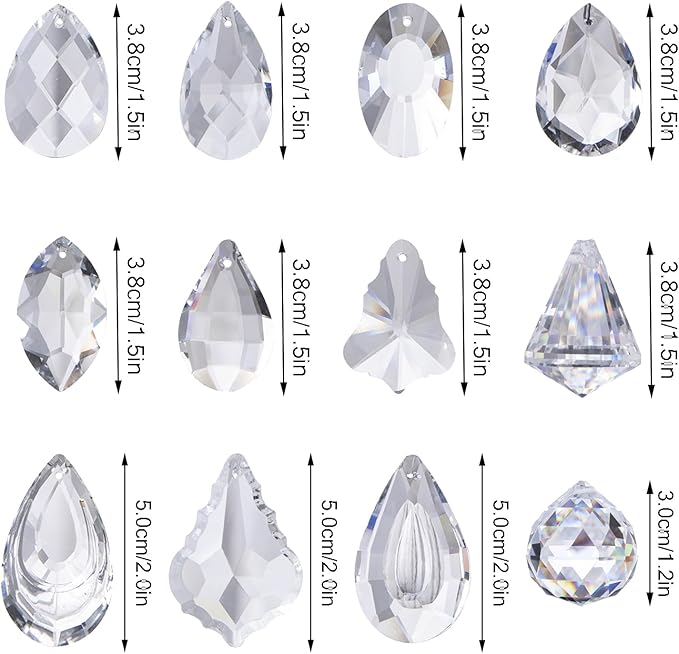 H&D Clear Jewelry Crystals Pendants Chandelier Lamp Lighting Drops Prisms Hanging Glass Prisms Parts Suncatchers Prisms Hanging Ornaments for Home,Office,Garden Decoration,Pack of 12