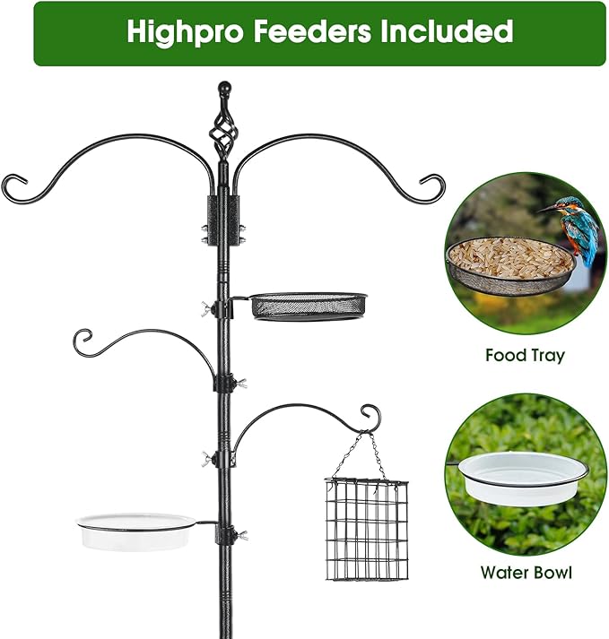 Bird Feeder Pole Wild Bird Feeder Hanging Kit Planter, 83 Inch Bird Feeding Station Kit with 5 Prongs Base Hummingbird Feeder Stand Hook for Outside