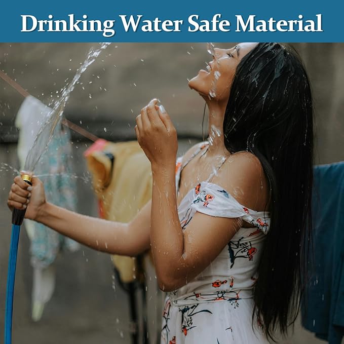 Garden Hose 25ft, Made of TPE(Not PVC), Ultra-Light & Flexible Water Hose with Solid Brass Fittings, Non-Shrinking, Easy to Storage, Drinking Water Safe Material, All-weather, SeaBlue