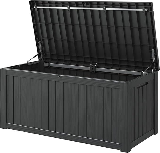 KAMABOKO Outdoor Storage Box, 120 Gallon Large Outdoor Resin Deck Box, Storage Waterproof Boxes Lockable Lid for Garden Tools, Pool Supplies, Patio Furniture and Cushions, Black