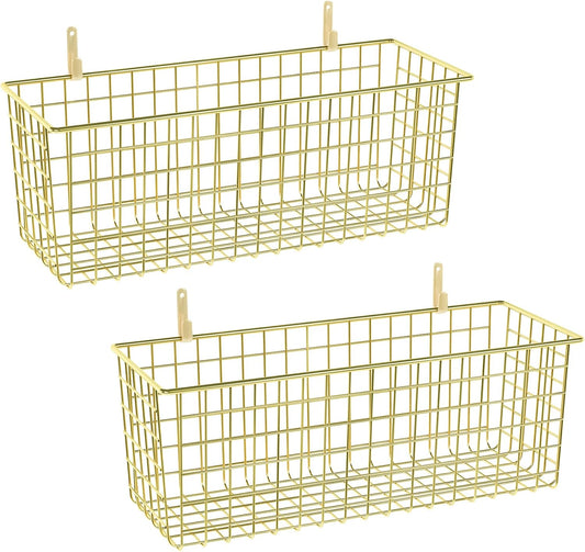 2 Sets Extra Large Hanging Wall Basket, Gold Metal Wire Baskets with Steel Hooks for Organizing, WallmountedFruit Vegetable Toy Snack Storage, Home Kitchen Bathroom Laundry Pantry Organizer