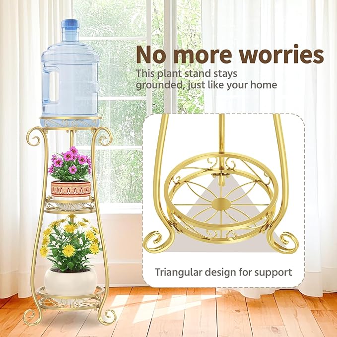 LASZOLA 3 Tier Gold Metal Plant Stand for Multiple Large Planters Indoor Outdoor Organizer, Heavy Duty Tall Flower Stand for Corner Patio Bathroom Office, Modern Sturdy Vertical Iron Rack, Cat Proof